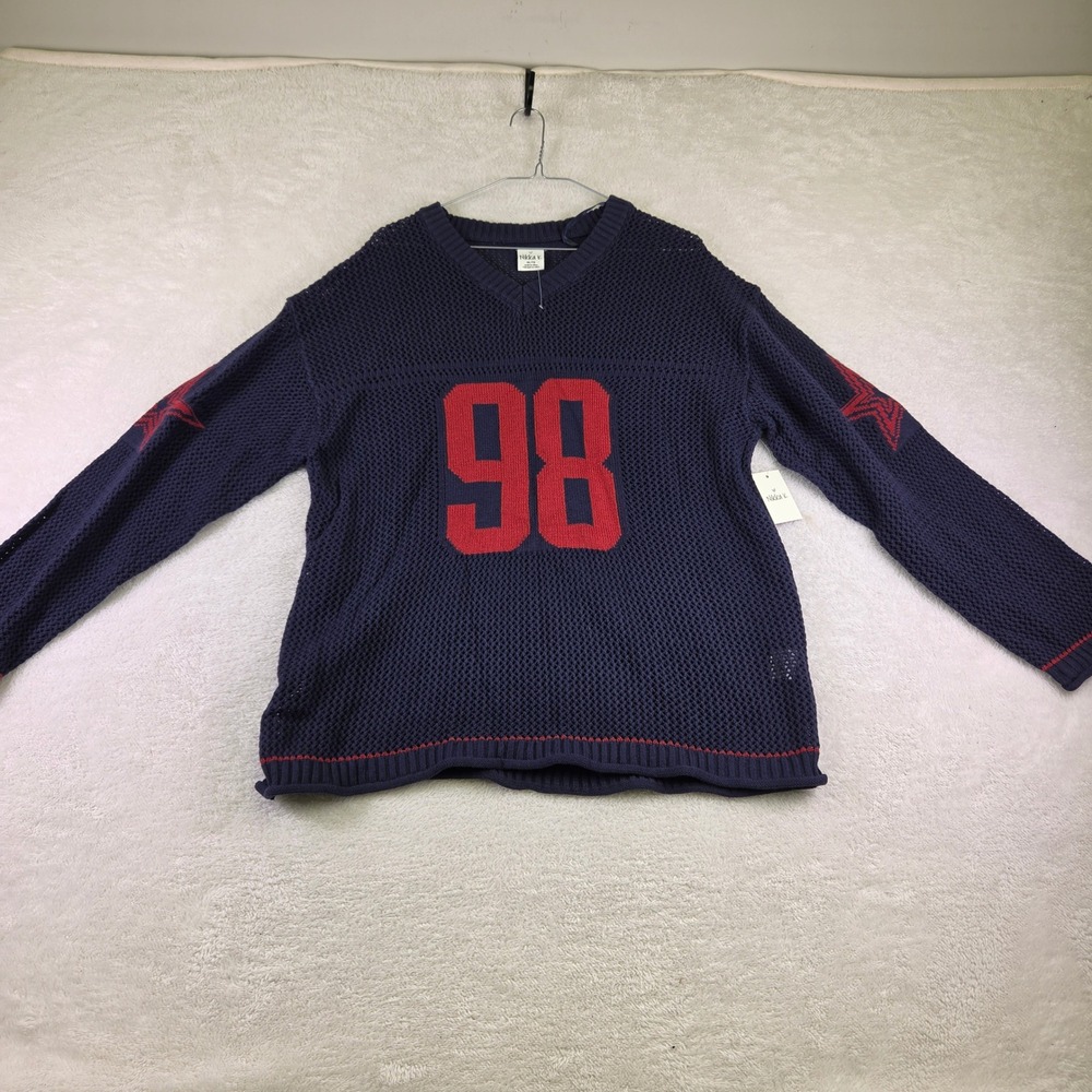 Nikka K Navy Blue Open Knit 98 Graphic Star Sleeve V-Neck Sweater New